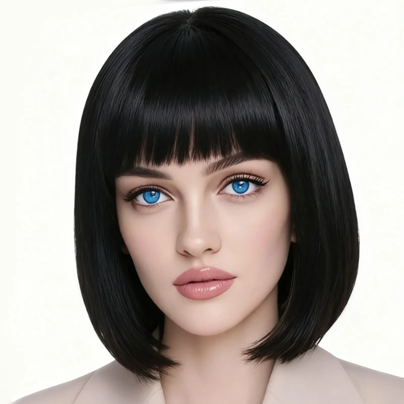 12 inch black straight synthetic wig with bangs for fashionable styling, suitable for daily use at female role-playing parties