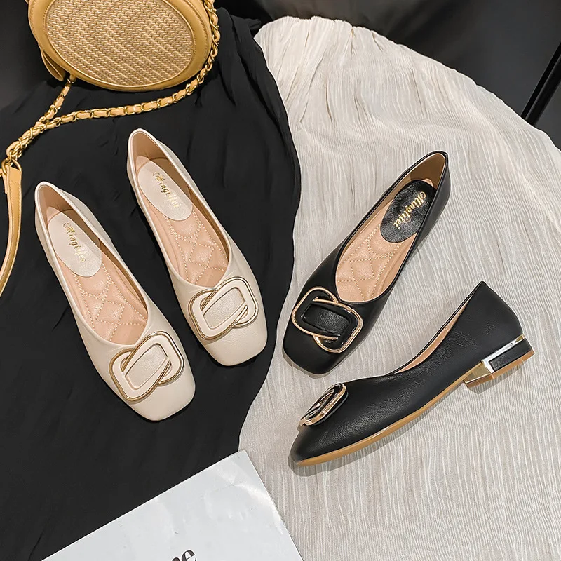 Plus Size 35-43 donna décolleté con tacco basso scarpe Fashion Buckle Decoration Flats Office Lady Slip on Leaher mocassini scarpe primaverili Q5-2