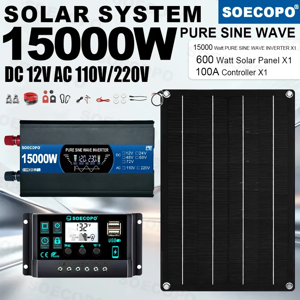 15000W Peak Solar System Kit Pure Sine Wave Inverter( 12V To 110V 220V 600 Panel 100A Controller Generator )for Charger Off Grid