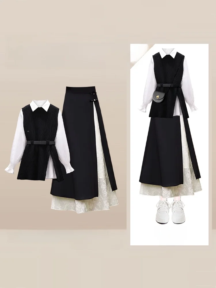 

Зимний вязаный комплект: жилет и юбка, женский новый китайский комплект из трех предметов, легкий модный ансамбль в стиле Maturi, юбка макси с высокой талией