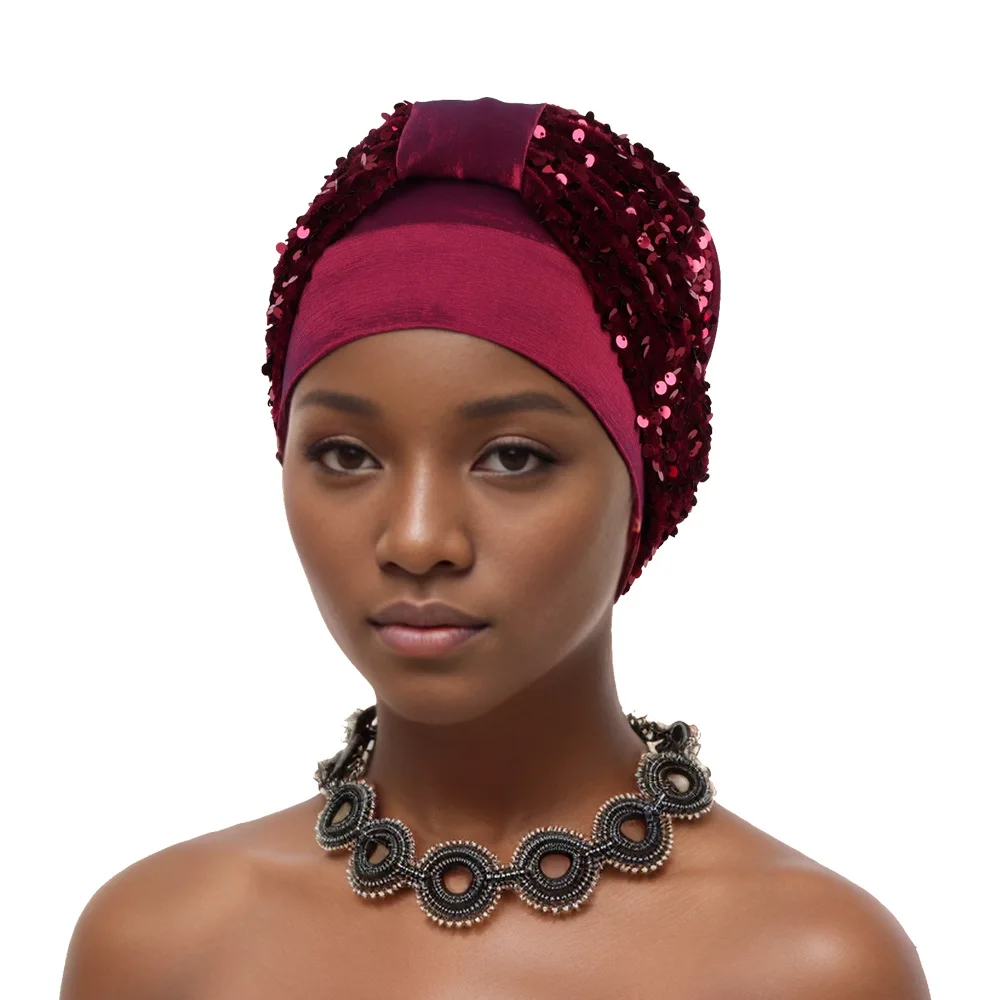 2024 Afrcian Head Wraps Sequins Turban Cap for Women Muslim Hat Nigeria Headwear Headtie Hijab Bonnet Cap Wedding Turbante Mujer