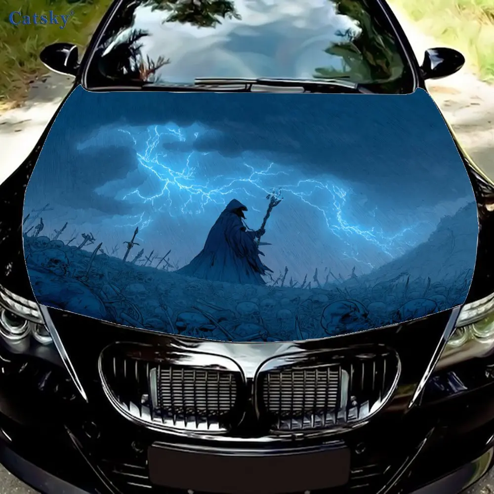 

Lightning Skull Death Reaper Car Hood Wrap-Waterproof & Scratch-Resistant Vinyl Sticker For Trucks, Cars, And Motorcycles-Easy T