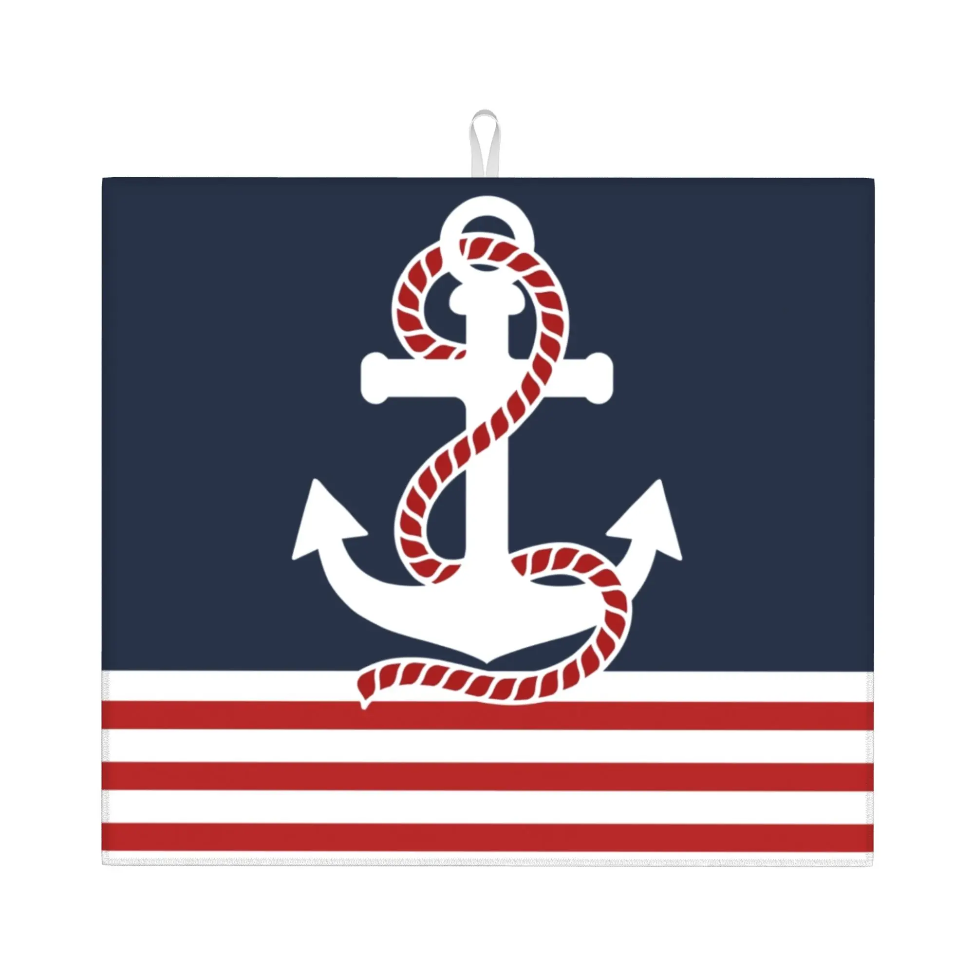 Drying Mat For Kitchen Nautical Stripes and Red Anchor Oil Proof Reusable Sailing Sailor Washable Kitchen Sink Drying Pad