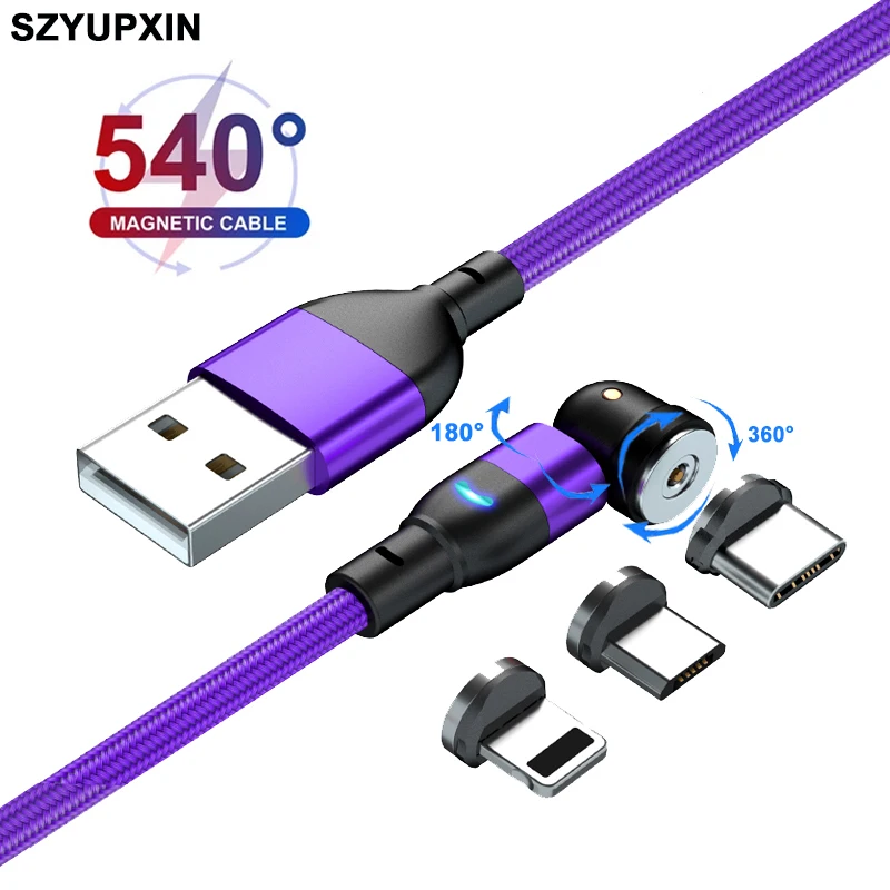 

SZYUPXIN 540° Rotate Magnetic Cable Micro USB Charger 3 In 1 LED Magnet Cord Type C Cable For iphone 11 12 Pro XS Xiaomi Samsung