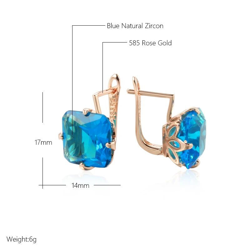 Kinel Hot Big Square Blue Natural Zircon English Earrings for Women 585 Rose Gold Wedding Ethnic Pattern Daily Fine Jewelry