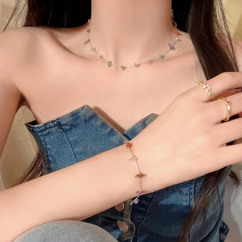 Dopamine Colored Block Stone Necklace for Ladies in Summer, Sweet and Exquisite, Versatile, Layered Collarbone Chain