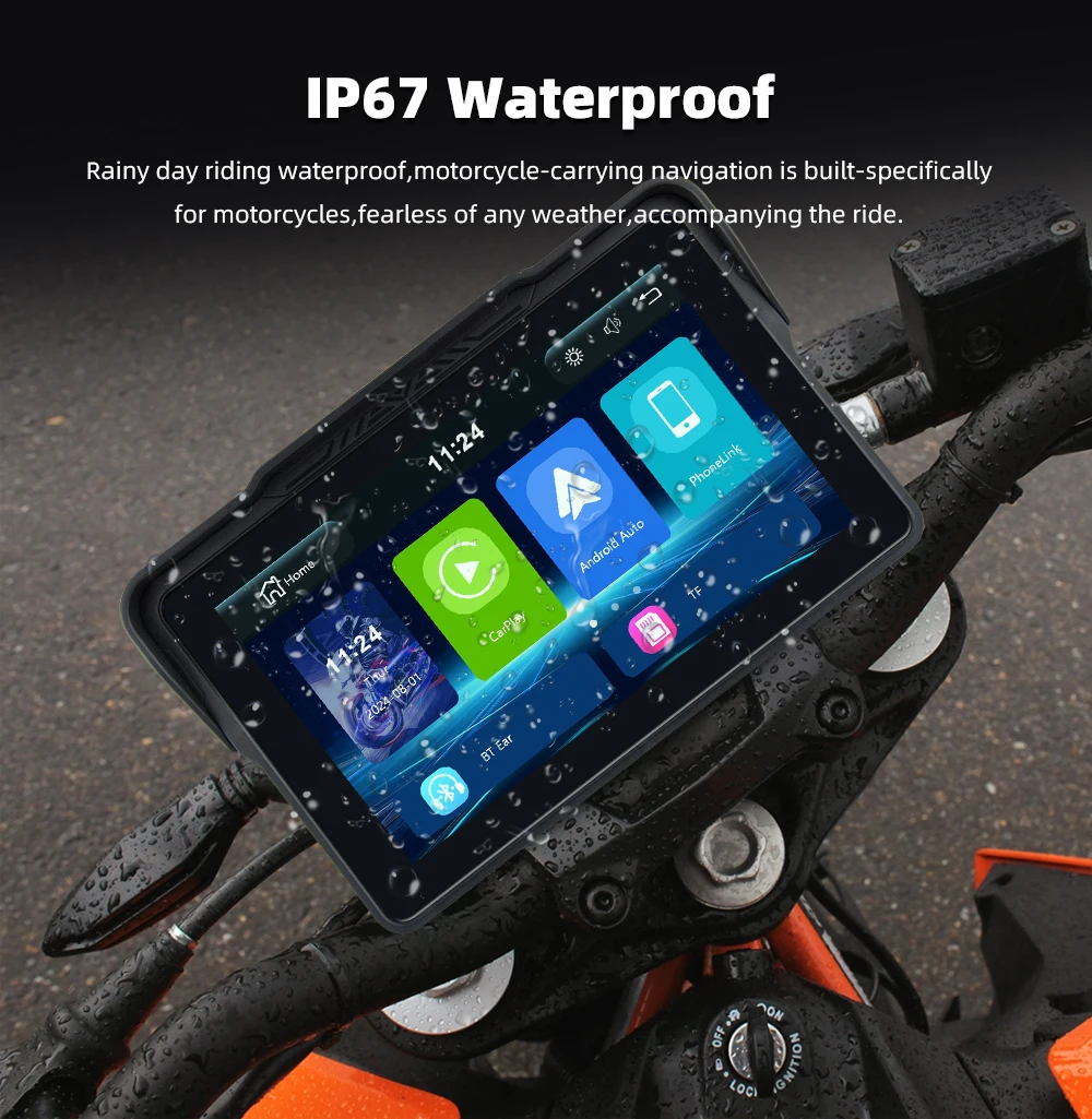 نظام تحديد المواقع للدراجات النارية مقاس 7 بوصات مع CarPlay Android Auto اللاسلكي، IP67 مقاوم للماء، 800NIT، BT 5.0، 5 جيجا هرتز WiFi، بطاقة TF، نظام Linux #4