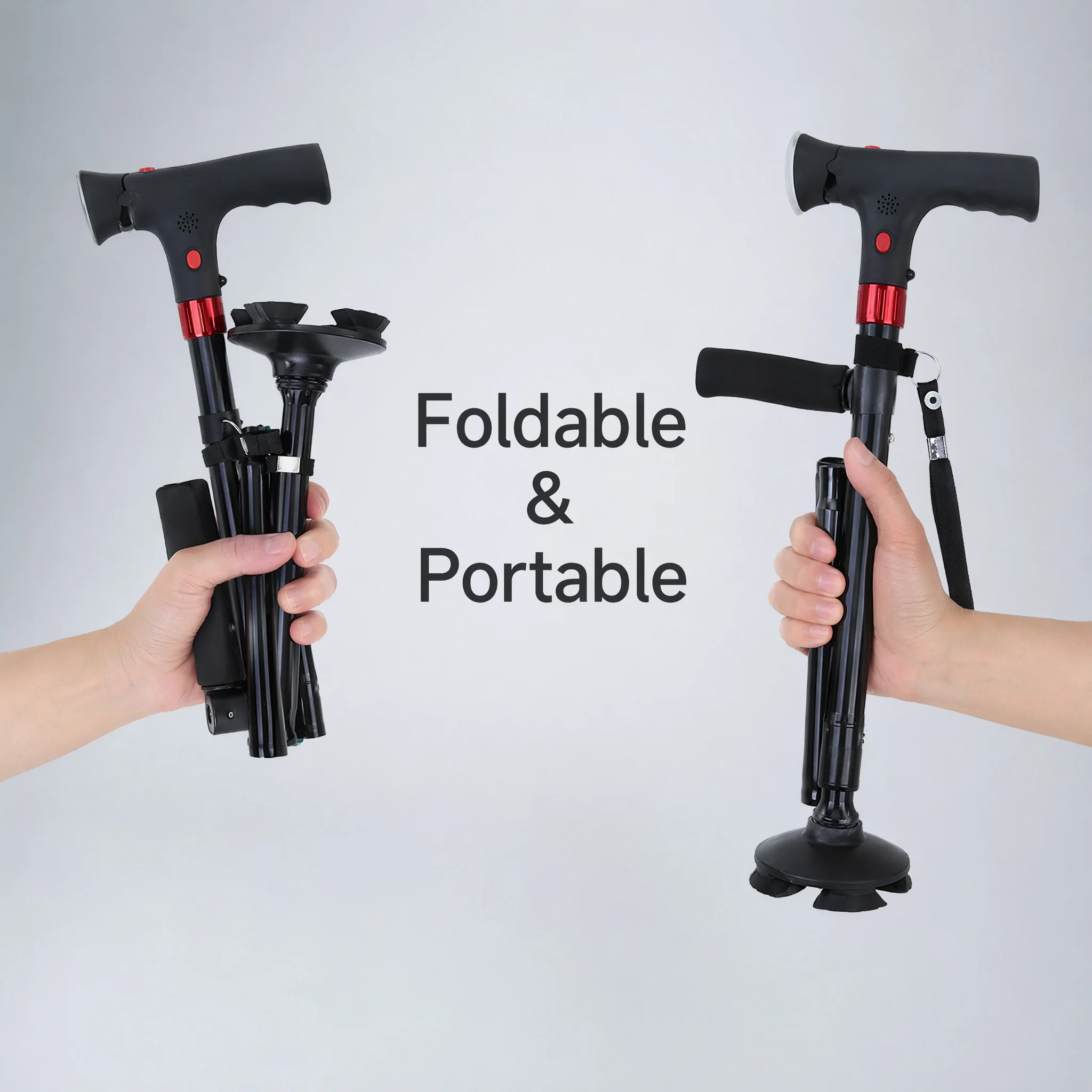 

LED Folding Walking Cane for Seniors Adjustable Height Dual/Single Handle Options Anti-Slip Quad Base Lightweight Mobility Aid