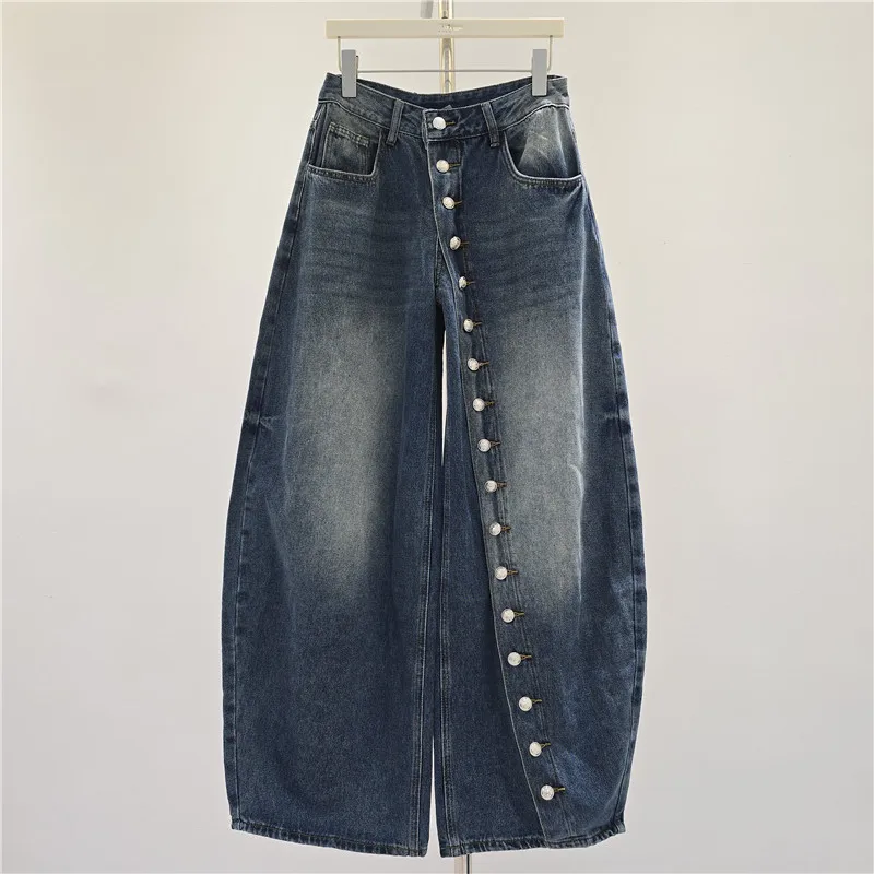 Autumn New Single Breasted Design Jeans European and American Fashion High Street Retro Women's Wide Leg Washed Blue Denim Pants