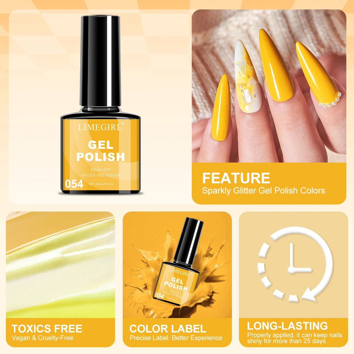 LIMEGIRL 4色ジェルネイルポリッシュキット 8ml グリッターピンク セミパーマネント UV LED ソーキングジェル マニキュアセット ネイルアートデザイン