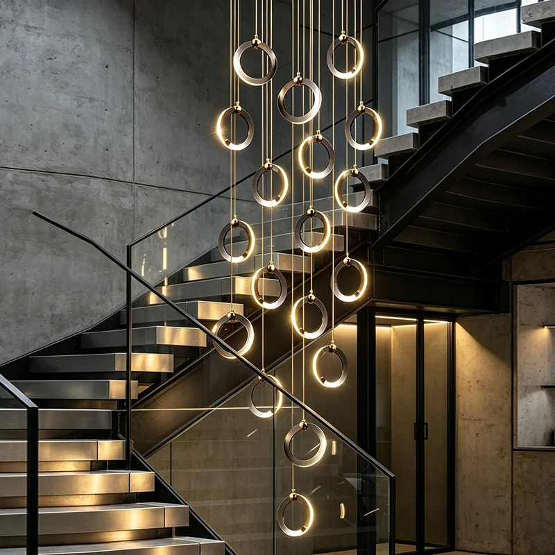 Modern LED circular staircase pendant light, high-ceiling lighting for the living room, indoor lighting fixtures