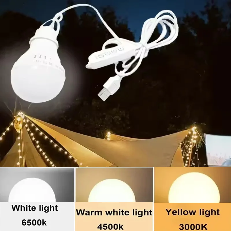 

DC5V Led Camping Light 5W/7W Usb Emergency Bulb 3-color Dimmable Hanging Tent Light Barbecue Fishing Repair Outdoor Equipment