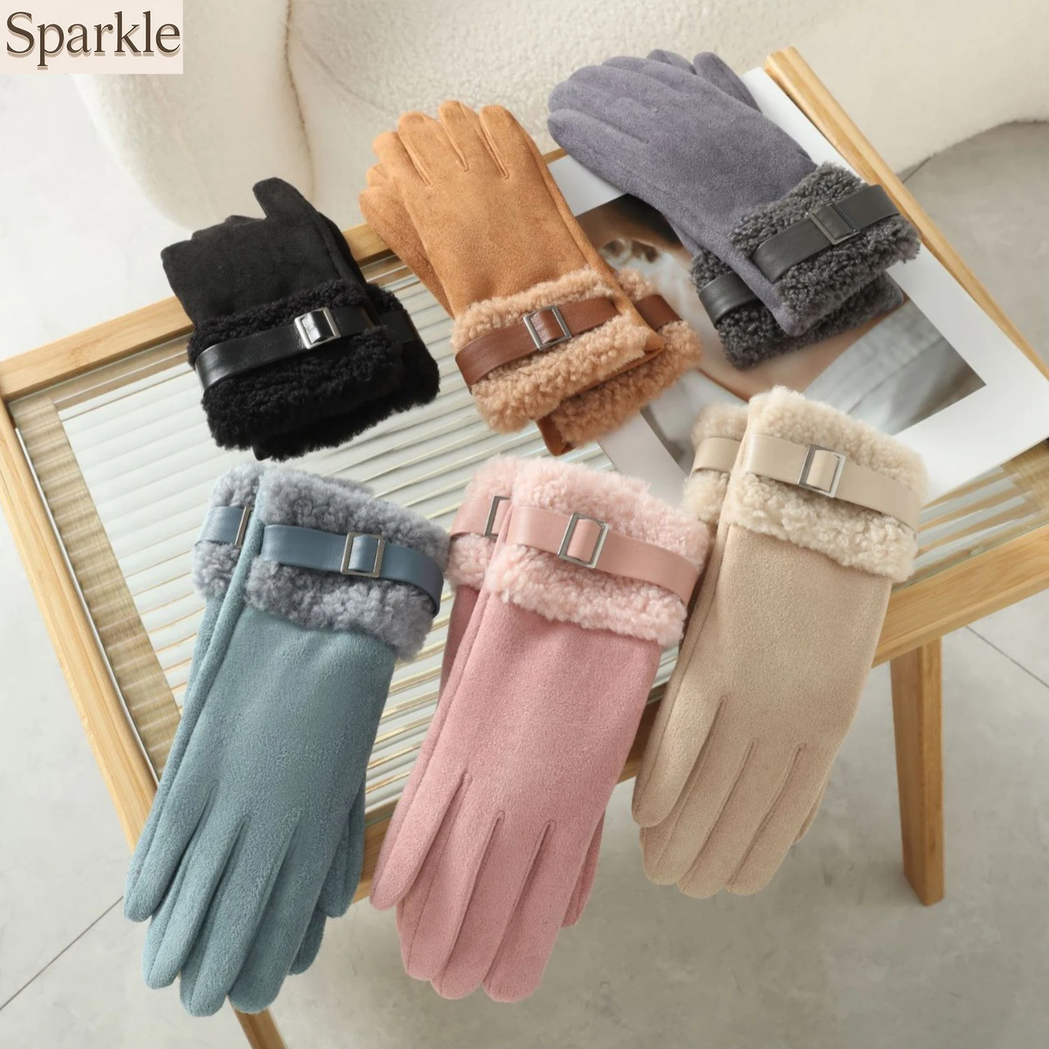 Women's Winter Suede Leather Touch Screen Gloves Warm Embroidered Belt Driving Thicken Plush Indoor Outdoor Riding Gloves