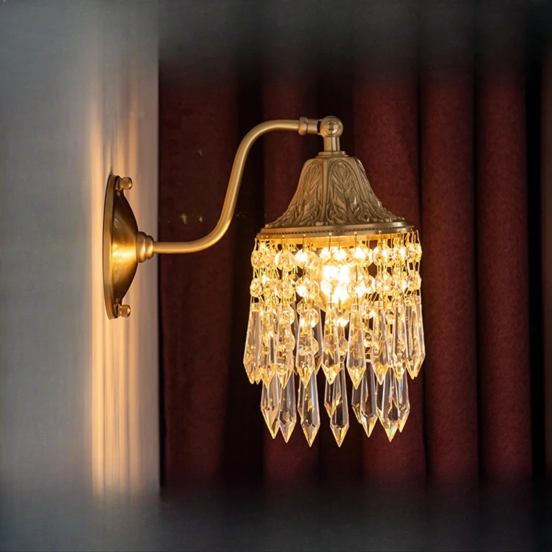 

Retro crystal all-copper bedside wall lamp, Nordic light luxury French-style Chinese living room background wall lamps on both