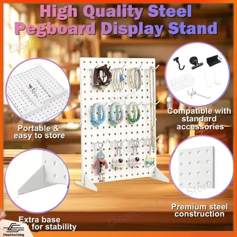 for 43.18cm X 33.02cm Metal Pegboard Jewelry Display Stand with Hooks White Hole Board Necklace Earrings Keychain Rack