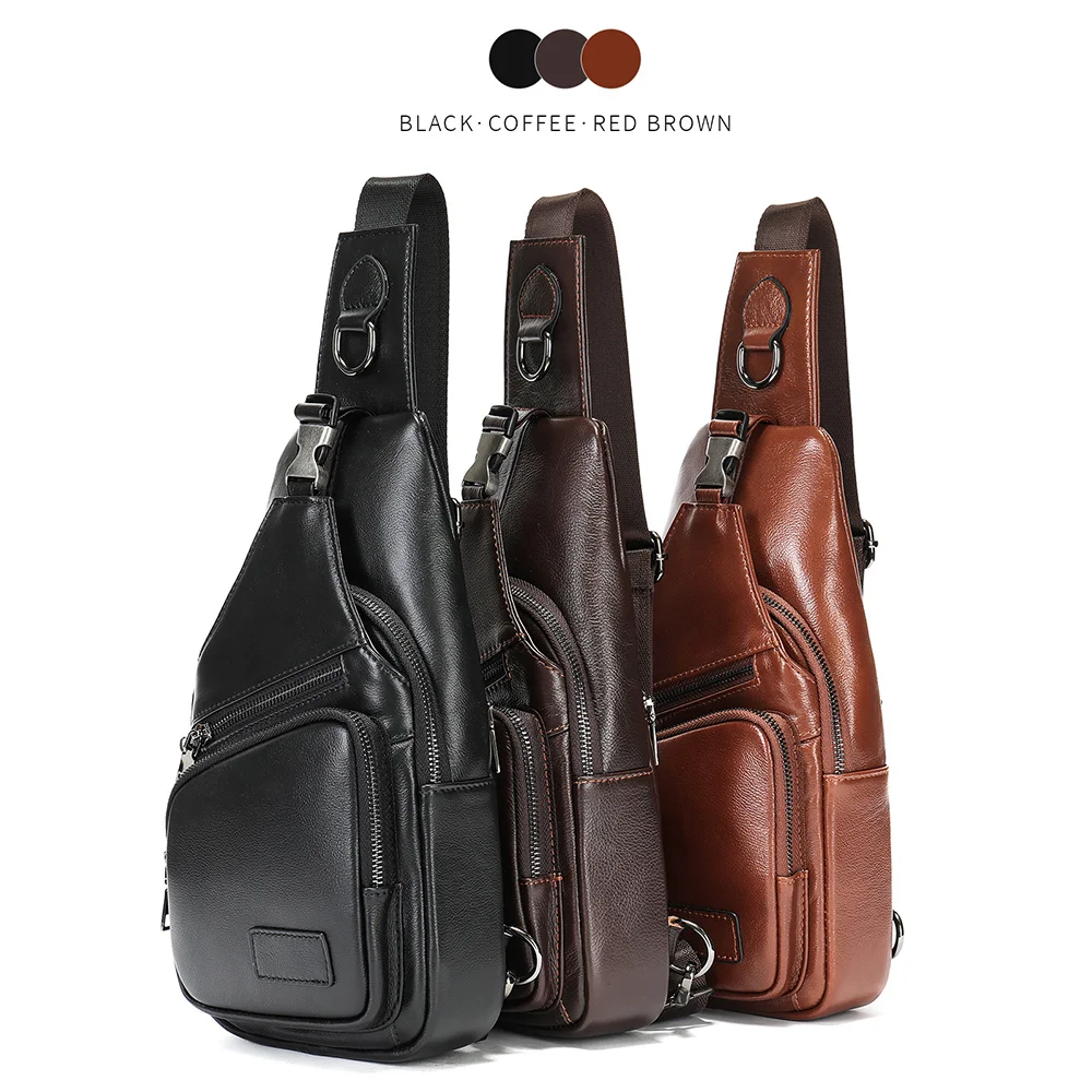 Men's Chest Bag Cowhide Leather Shoulder Bag Sling Bag Male Side Pouch Travel Cross Body For iPad 7.9 Inch Slingback