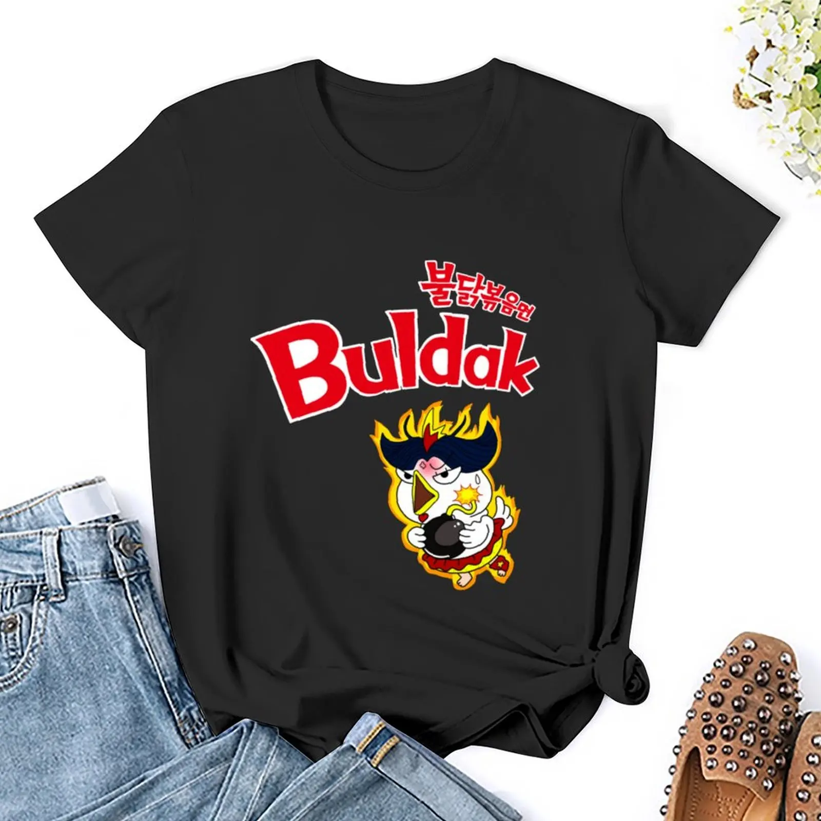 Buldak ramen chicken T-Shirt graphics blacks kawaii clothes heavyweights t-shirts for Women cotton