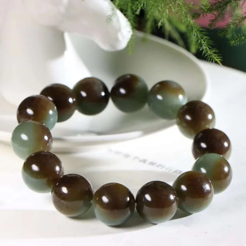 Natural Hetian Xinjiang Qiemo Brown Pretty Sugar Pearl round Jade Bracelet for Men and Women