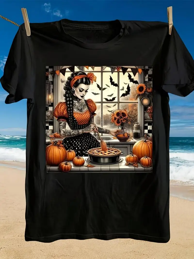 Men Vintage Halloween Graphic T-Shirt Black Tee Pumpkin Bat Punk Plus Size Short Sleeve Costume Casual Wear Machine Washable Top