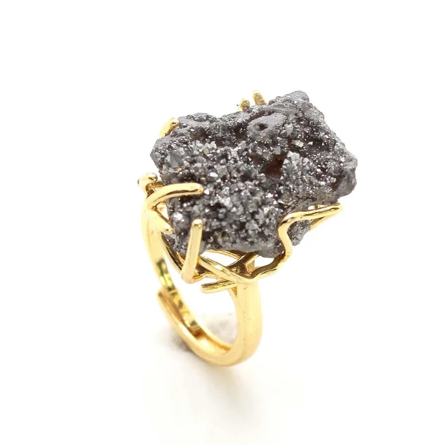 Colorful Crystal Stone Rings For Women Men Natural Irregular Druzy Geode Quartz Rainbow Agate Crystal Stone Finger Ring Jewelry view 6