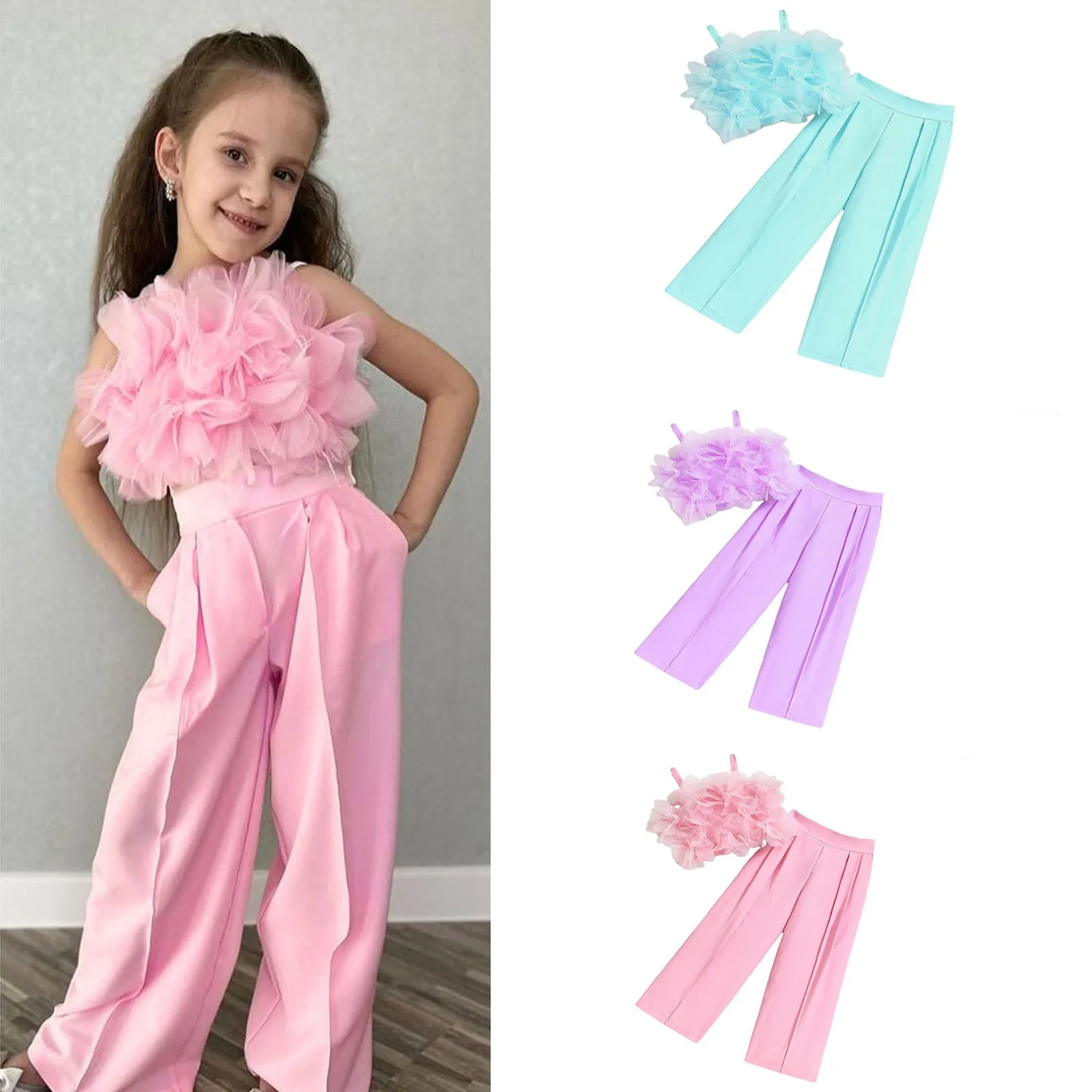 Kinderkleidungssets 2025, Sommer-Outfit-Sets für Mädchen, Hosenträger, Rüschen, Tops, Westen + lange Hosen mit Gürtel, elegante Kinder-Sets für 4–7 Jahre