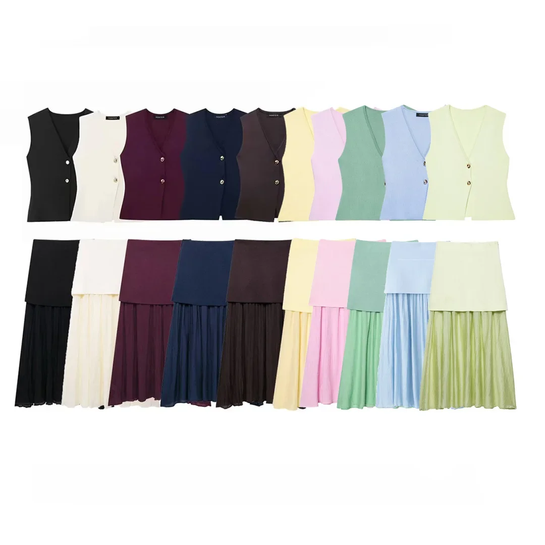 

Women 2 Piece Set V-Neck Sleeveless Button Knitted Vest Top+Elegant Splicing High Waist Zipper Long Skirts Holiday Suits