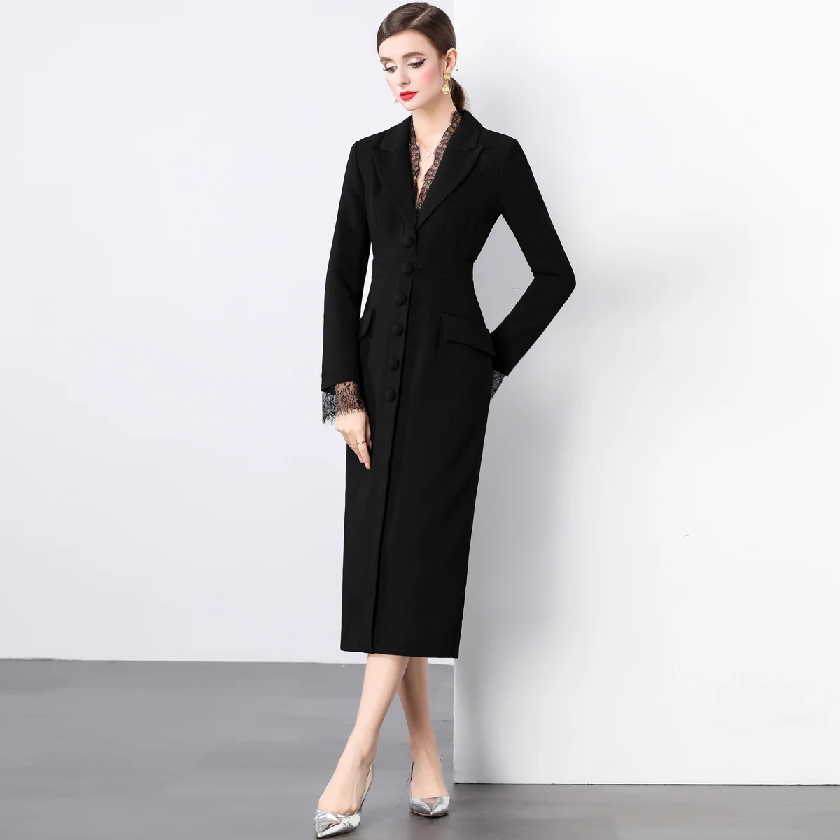 New 2024 Black Lace V Neck Long Sleeve Pencil Dress Women Autumn Casual Single Breasted Bodycon Midi Work Dresses Lady