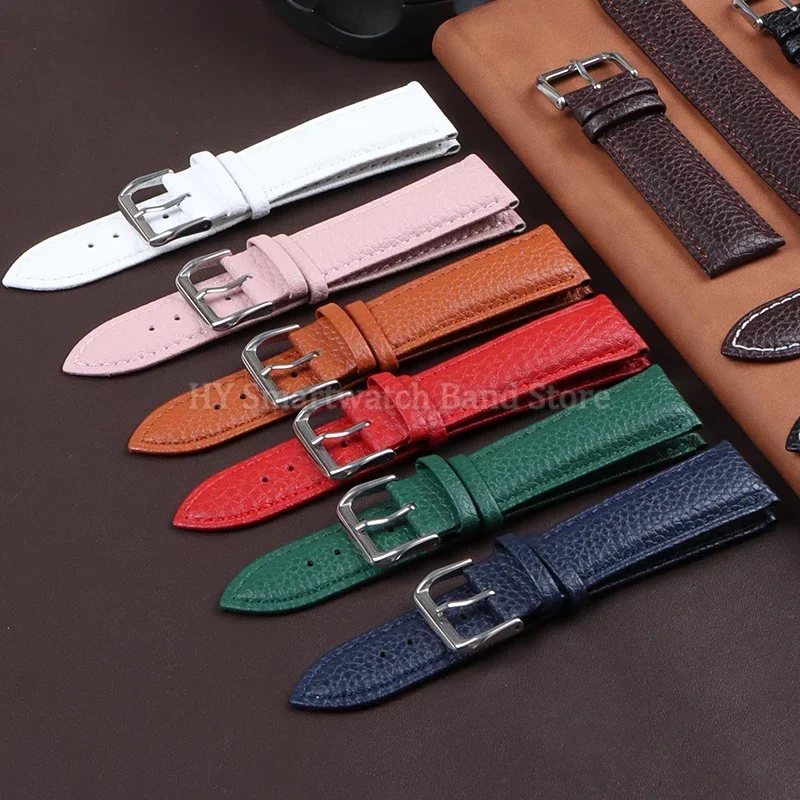 12mm 14mm 16mm 18mm 19mm 20mm 22mm 24mm Soft Leather Watch Strap Replacement Cowhide Bracelet Lychee Pattern Wristband Accessory