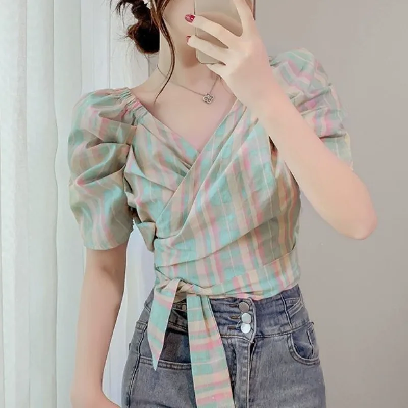 Lolita Style Sweet Plaid Blouses 2024 Summer New Women\'s Slash Neck Patchwork Folds Drawstring Bowtie Bubble Sleeve Short Shirts