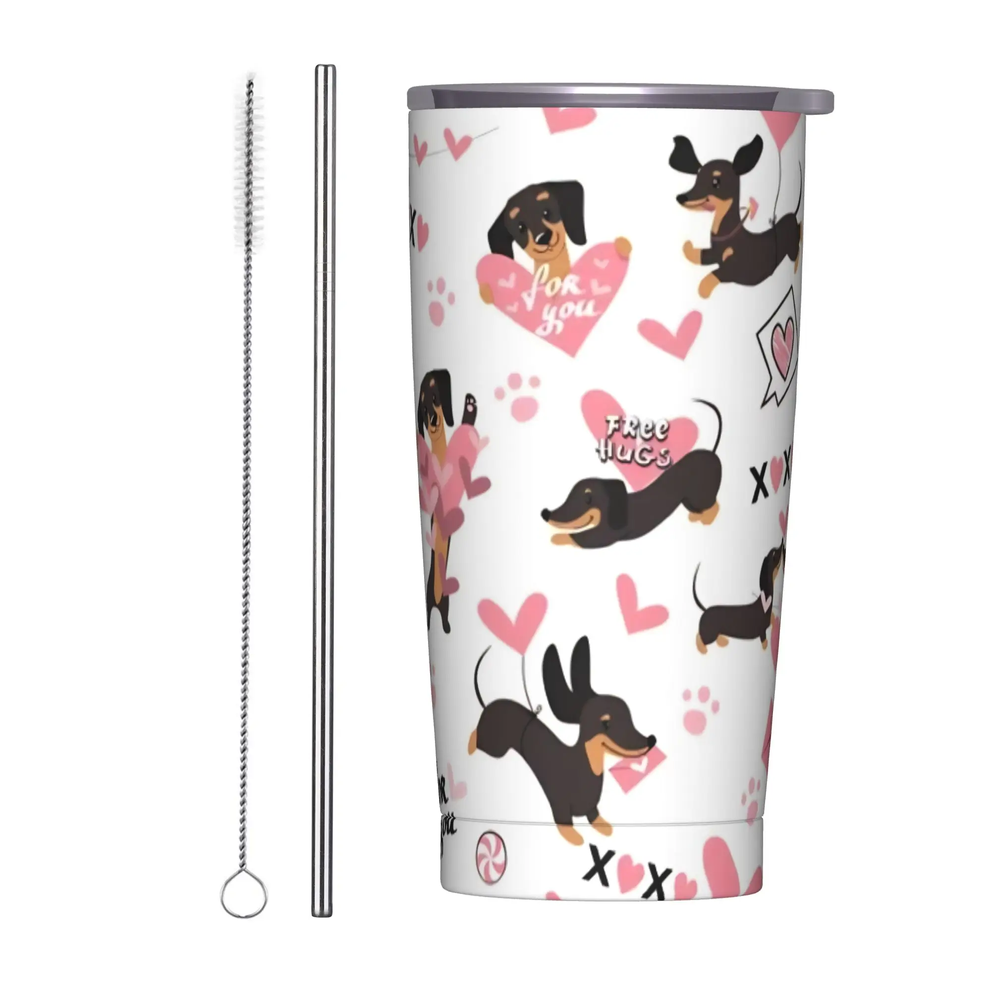 

Такса, стакан на День святого Валентина, вакуумная изоляция, чашки для кофе для собак, животных, с крышкой, соломенные кружки с двойными стенками, защита от проливания, 20 унций