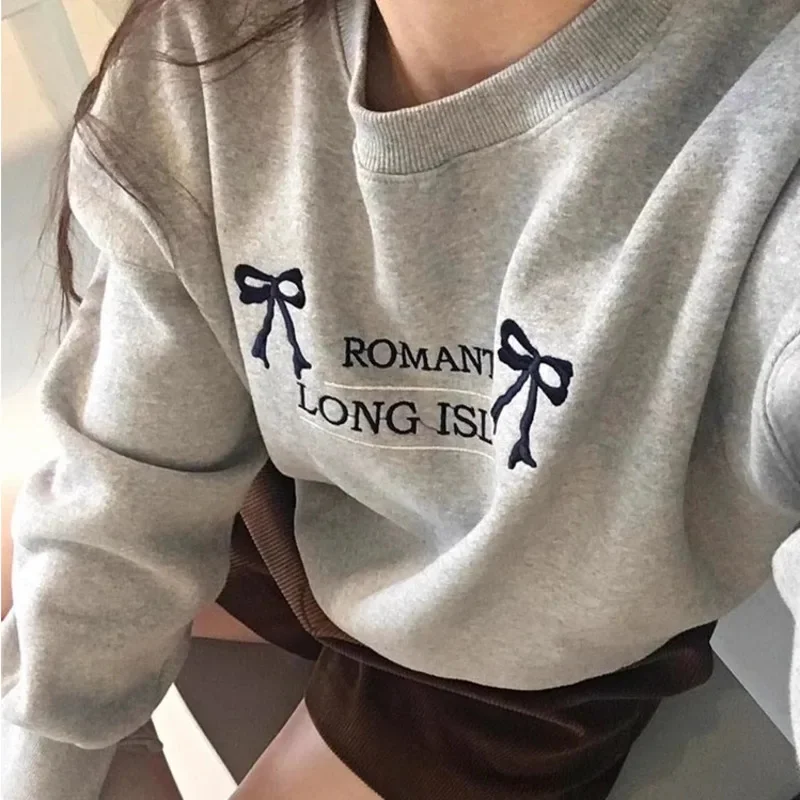 Korean Casual Bow Knot Shirts Letter Embroidery Long Sleeve Pullovers Tops O-neck Plush Sweatshirts Solid Loose Shirts For Women