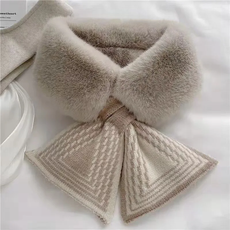 Women Winter Warm Thicken Cross Collar Neck Warmer Solid Color Faux Rabbit Fur Plush Elegant Shawl Scarf for Cold Daily Outfits