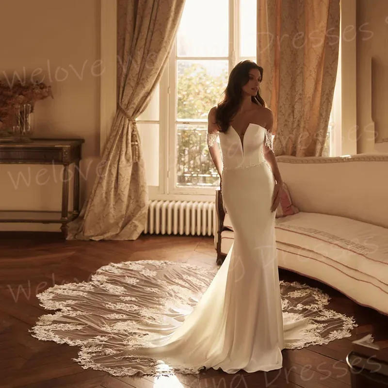 Urocze suknie ślubne damskie w stylu syreny, z odkrytymi ramionami, koronkowymi aplikacjami, Vestido, szyte na miarę suknie dla panny młodej, bez pleców, Vestido De Novia
