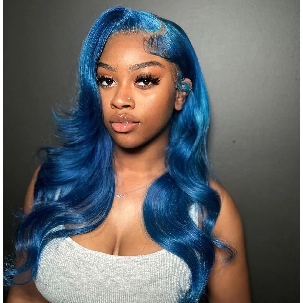 Linhua Blue Colored 180% Body Wave 12A 13X4 Transparent Lace Wigs Remy 13X6 Lace Frontal Wig Preplucked With Baby Hair