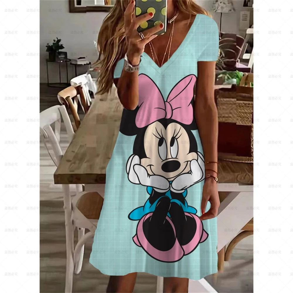 

Disney Mickey Mouse Pure Black Print Sexy V-Neck Short Sleeve Dress 2024 Summer New Casual Versatile Sexy Long Dress Women