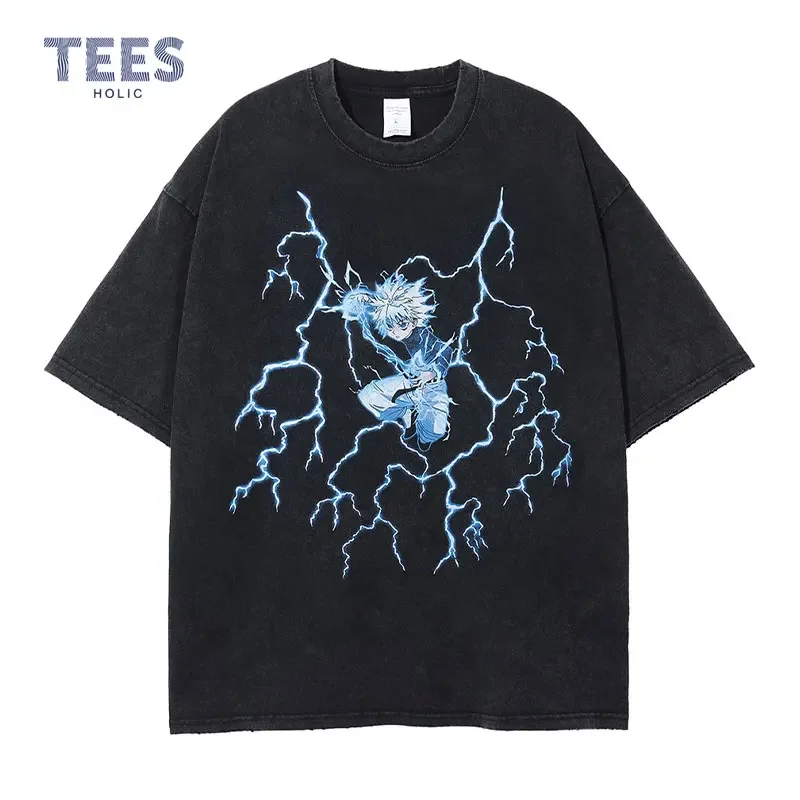 Killua Zoldyck Tops Tees Men Vintage Washed Anime T Shirts Retro Manga y2k Short Sleeve Oversized Retro Phantom Troupe T-shirt