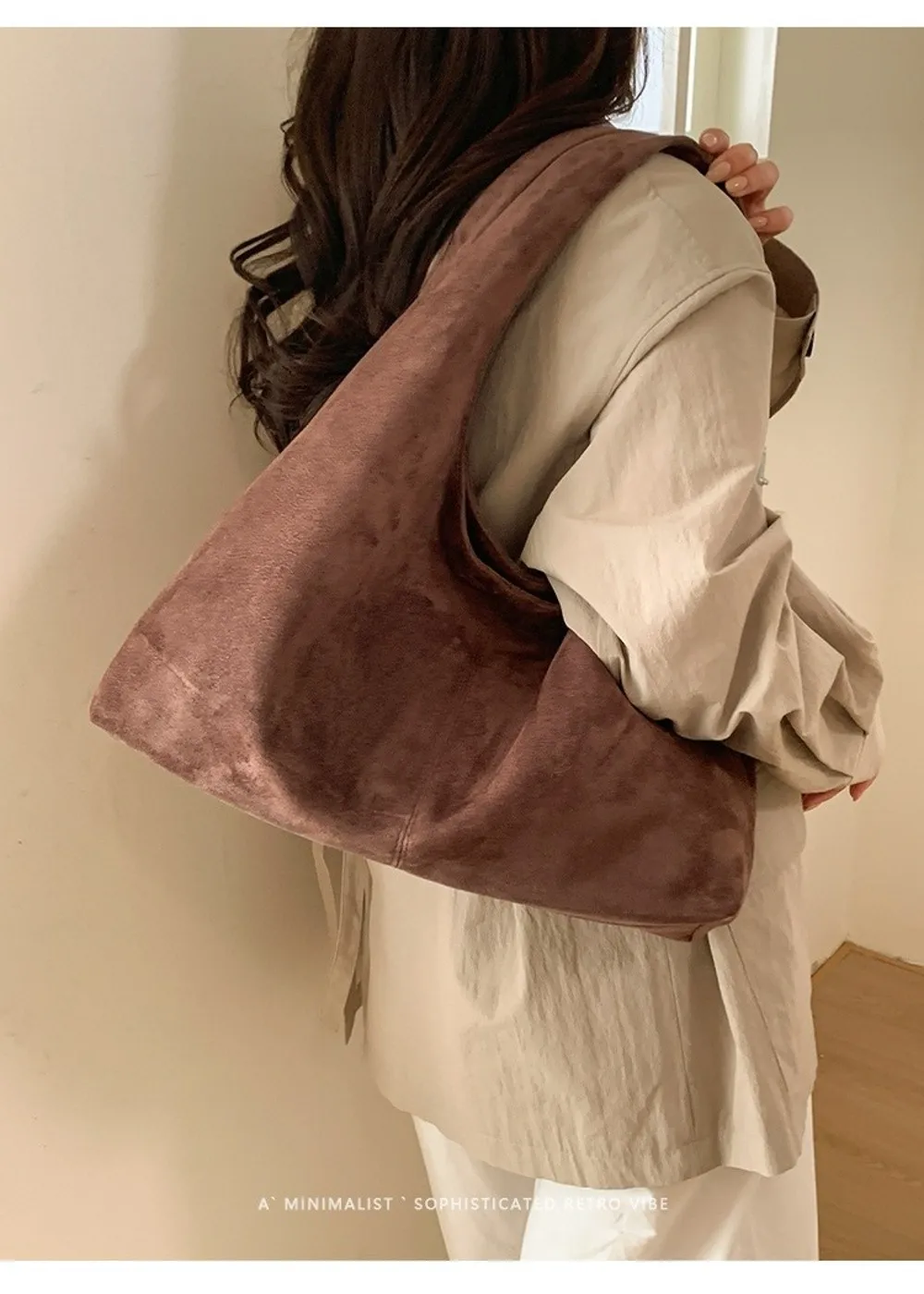 Lässige Retro-Damen-Schultertasche aus Wildleder mit großem Fassungsvermögen, einfarbige Shopper-Tasche – Detail 10