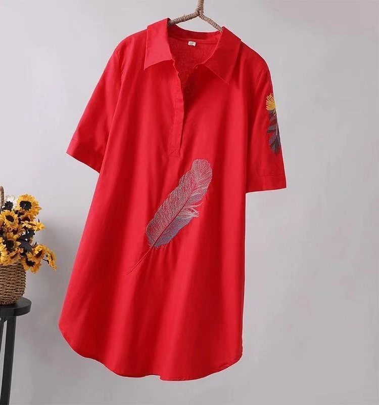 

Women's Embroidered Mid-Length ort-Sve irt Casual Sle Pure Color Polyester Fabric Slim Fit irt for Ages 25-50