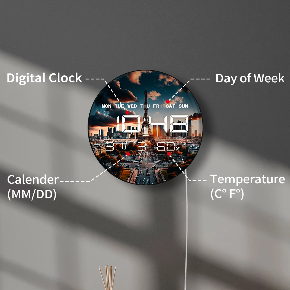 파리 스카이라인 모던 디자인 전자 벽시계 LED 자동 조광 디지털 타이머 날짜 온도 습도 달력 표시