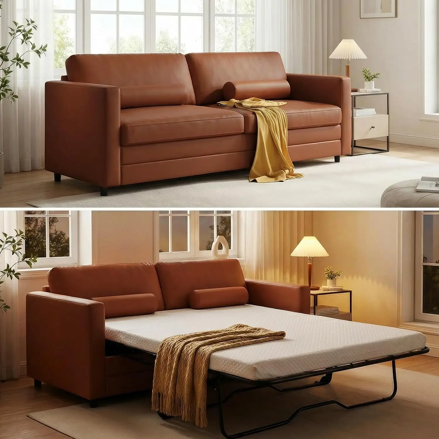 Full Size Pull Out Sofa Bed, Memory Foam Convertible Sleeper, Faux Leather with 2 Pillows for Living Room, Customized