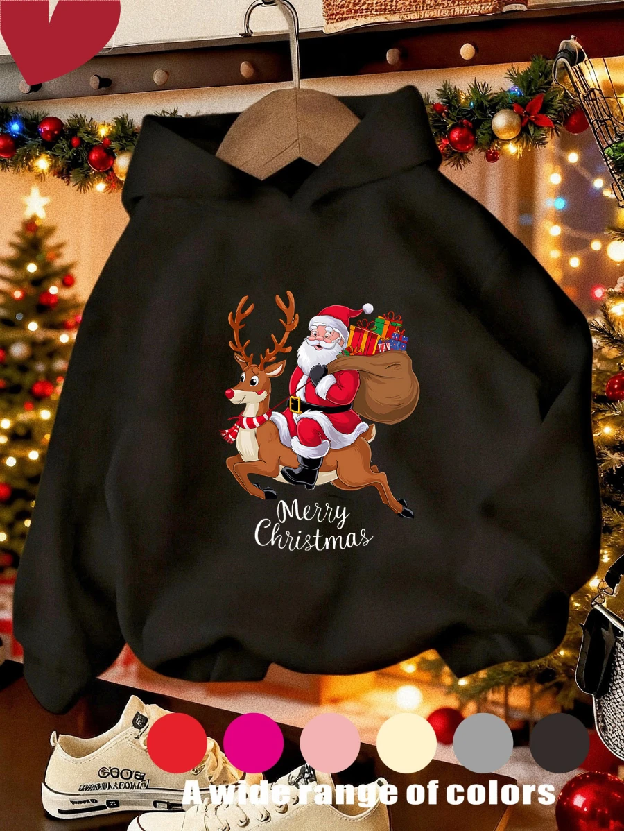 Kids Christmas Santa Reindeer Graphic Hoodie Printed Black Sweatshirt 