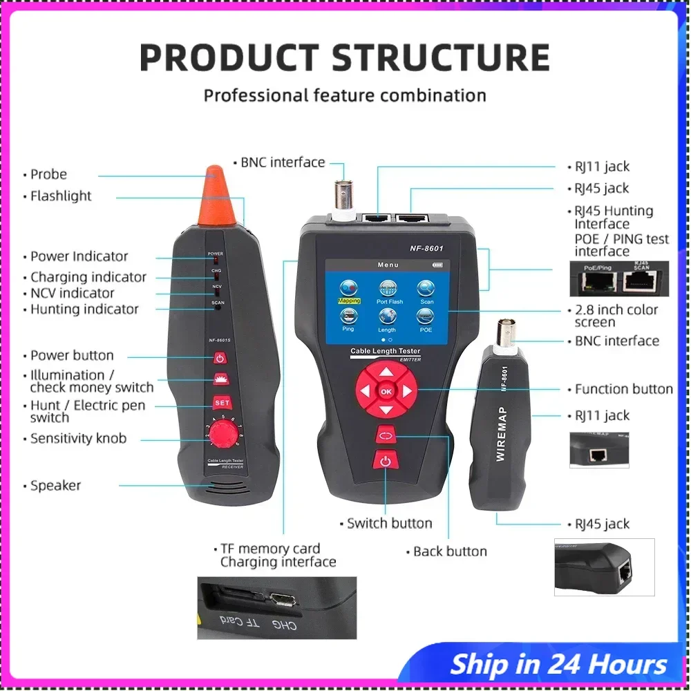 

English Version Noyafa NF-8601 NF-8601s NF-8601w Design POE PING LCD Cable Length Test For RJ11 RJ45 BNC Network Cat 7 Cable Tes