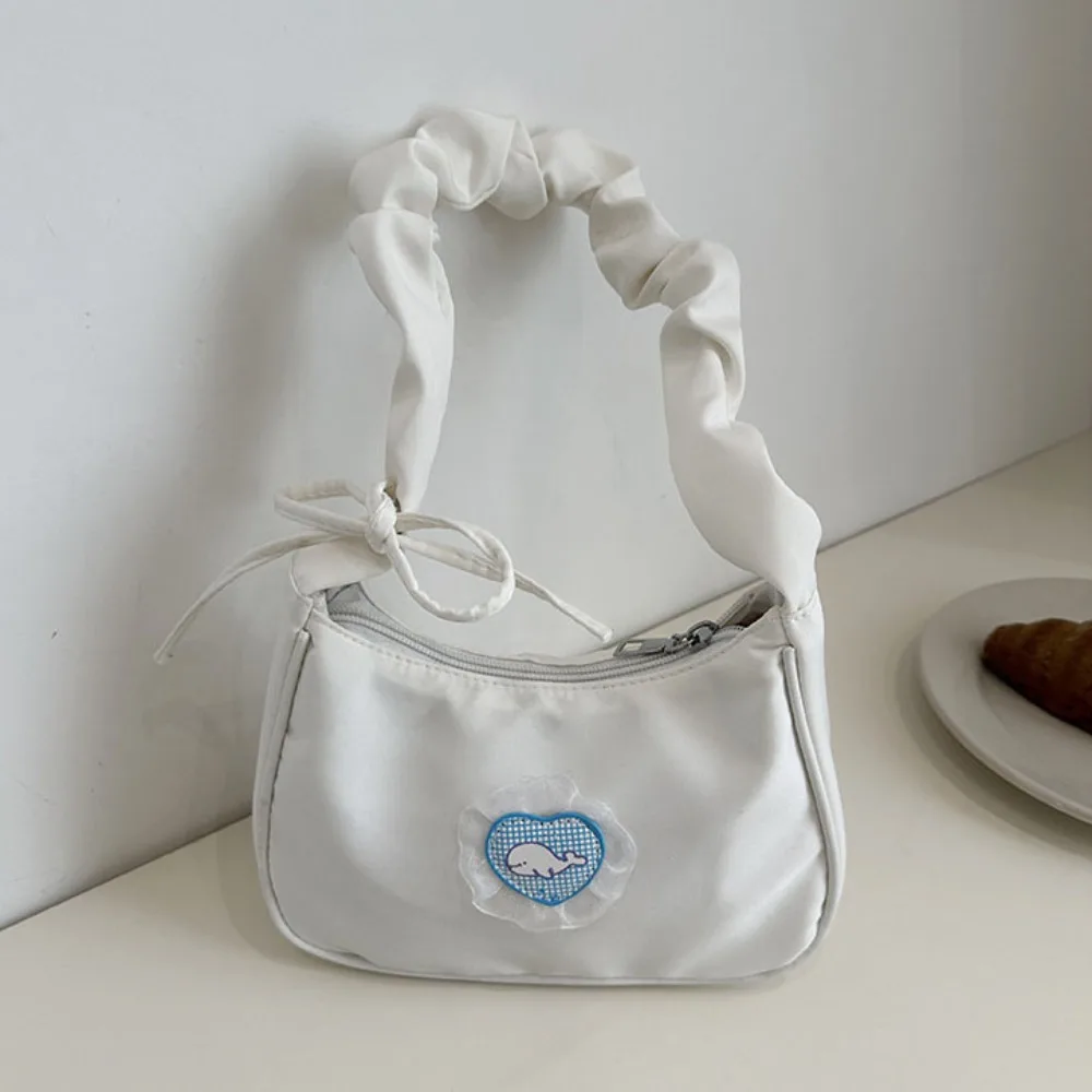

Cute Bow Canvas Underarm Bag Love Handbag Pleated Strap Shoulder Bag Sling Bag Nylon Hobo Bag Travel