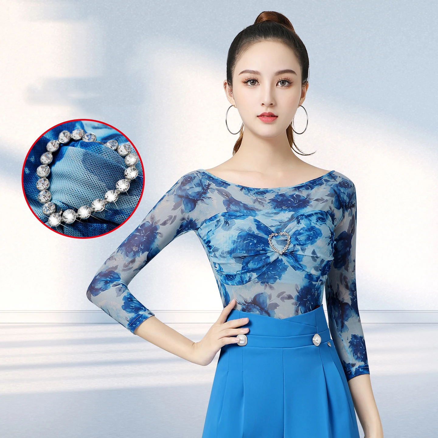 

2025 Women'S Modern Dance Top Print Diamond Sleeves Jumpsuit Chacha Rumba Tango Dance Dress Latin Dance Costumes Wear DN20792