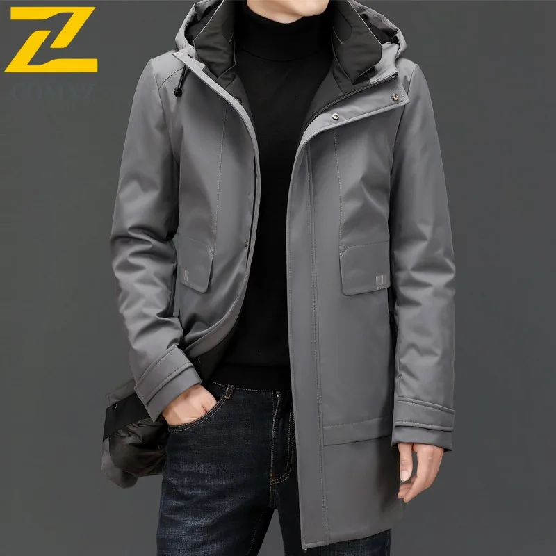 

COMXZ Men New Winter Warm Down Jacket High Quality Long Length Goose Down Coat Over knee Hooded Thickened Loose Fit windbreaker