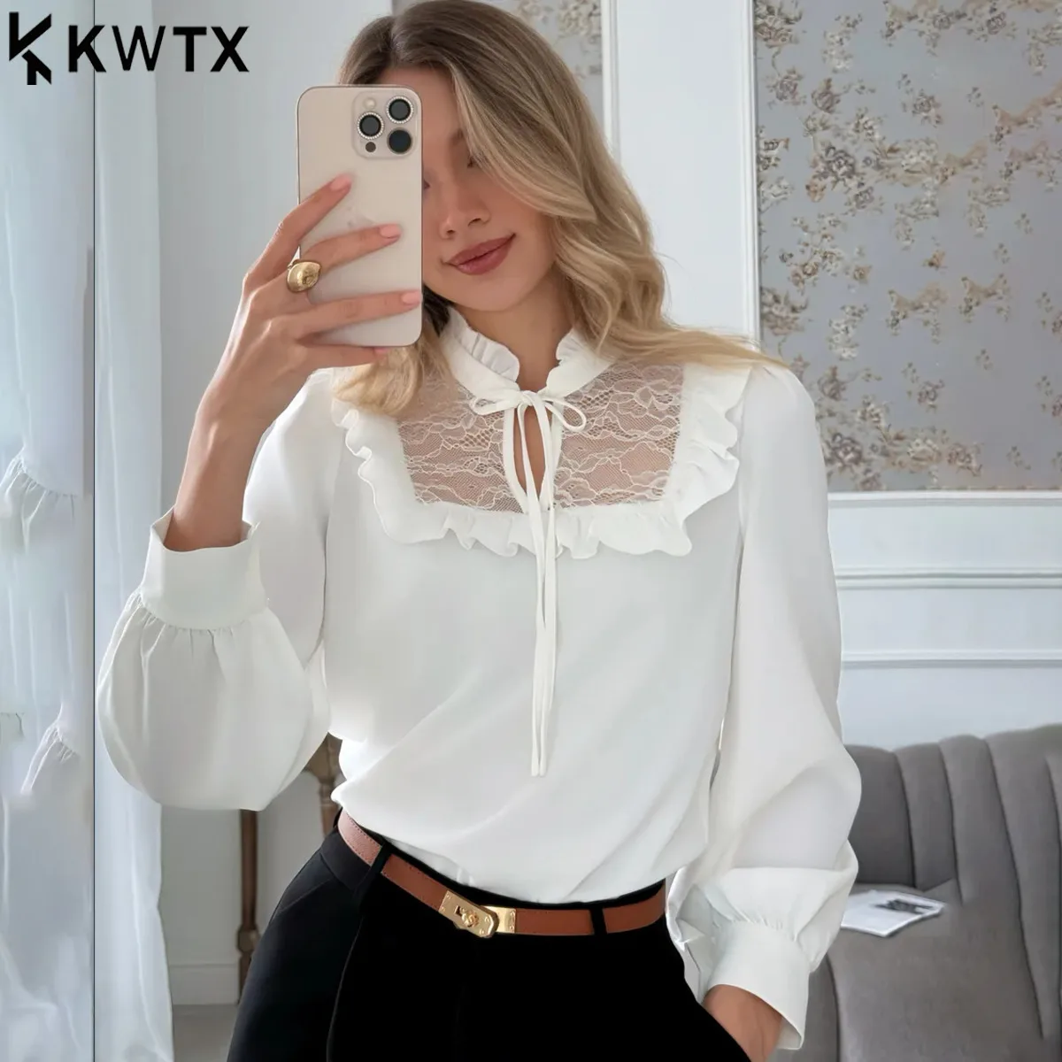 

Блузка KWTX 2026 черная с кружевными вставками и бантом, женская, с пышными рукавами, новинка зимы, элегантная, для офиса, вечеринок, повседневная, с длинными рукавами
