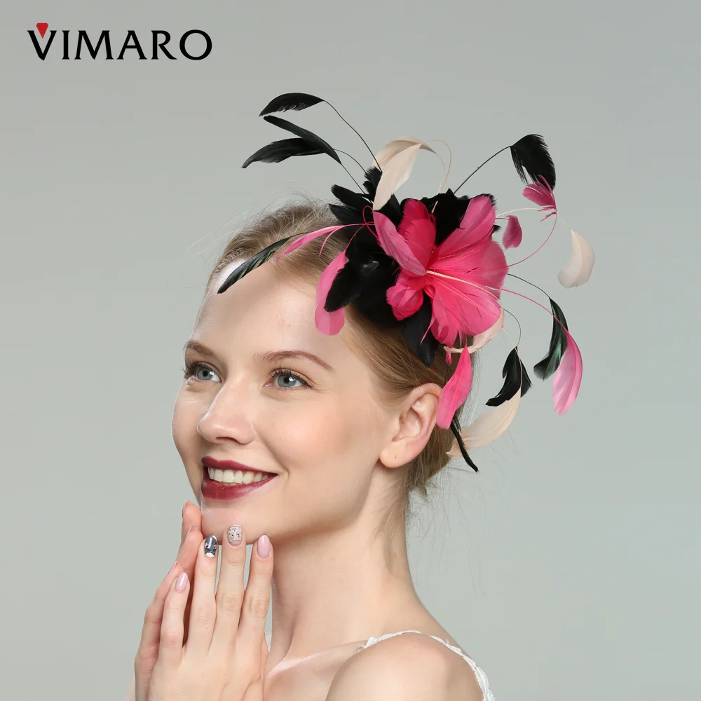 VIMARO Fuchsia and Black Feather Fascinators for Women Elegant Hair Accessories Fascinator Hats for Women Wedding and Church