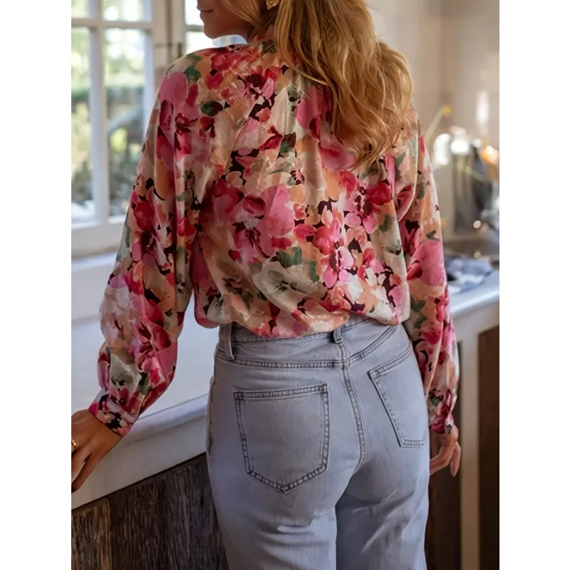 Camisa con estampado Floral, blusa de gasa, Tops de otoño para mujer, camisa Vintage holgada elegante de encaje empalmado, camisa coreana elegante, Tops con cuello redondo