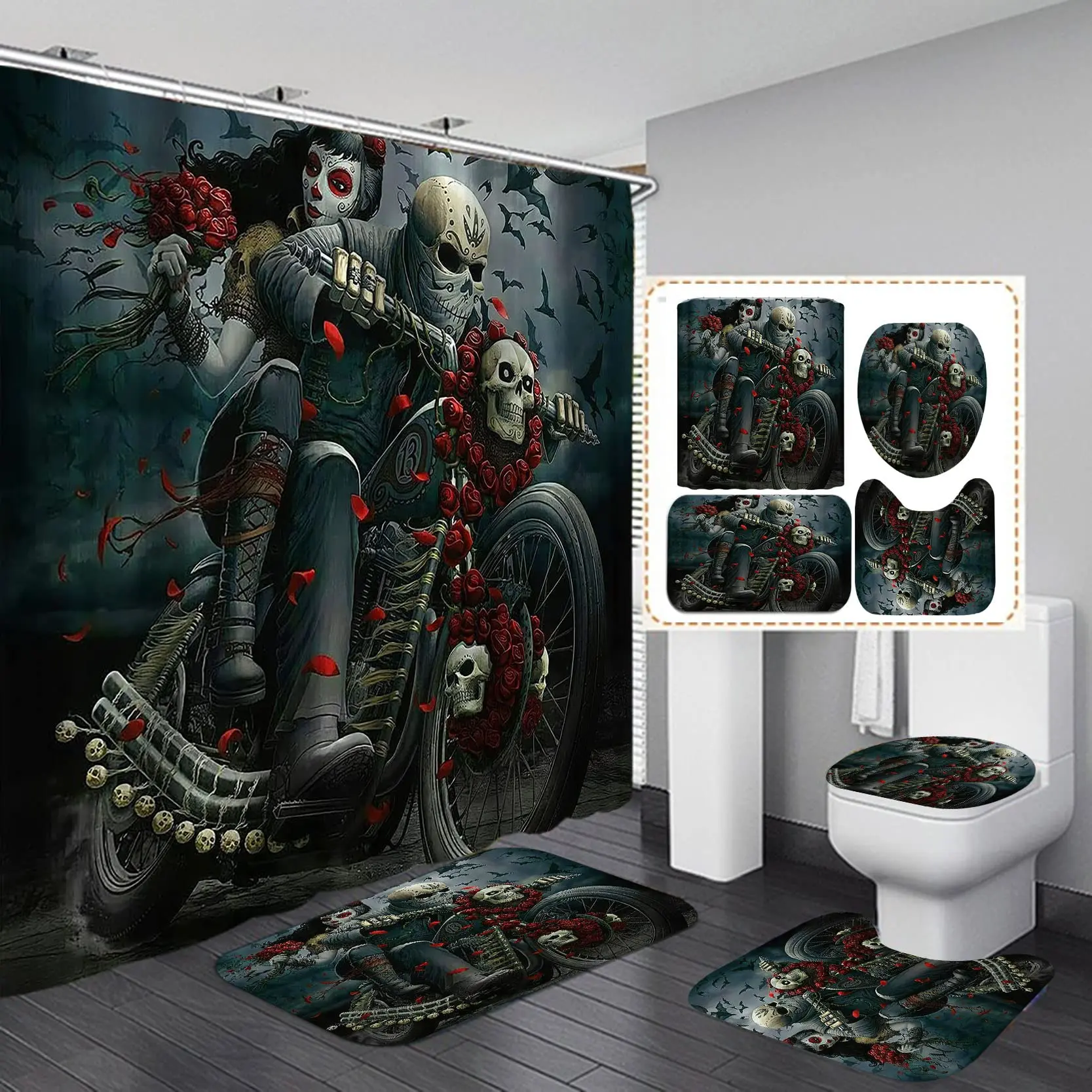 

Sugar Skull Shower Curtain Set Day of The Dead Romantic Skeleton Couple Motorcycle Goth Red Rose Bat Gothic Bathroom Curtain Set