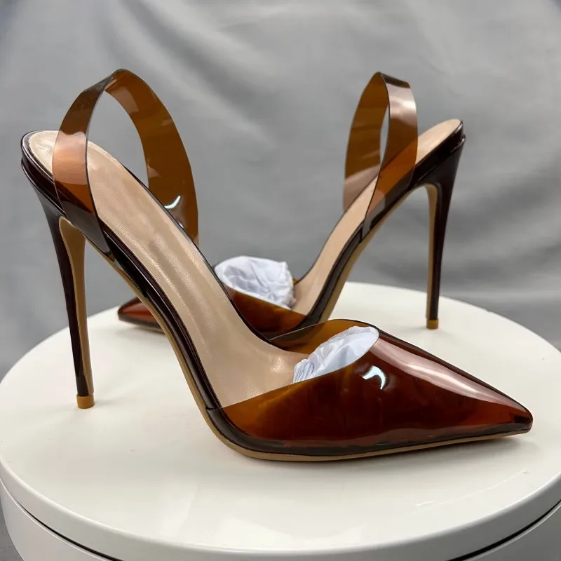 Tikicup Brown Summer Women Sexy Transparent Soft PVC Pointy Toe High Heel Slingback Shoes Jelly Stiletto Pumps 12cm 10cm 8cm